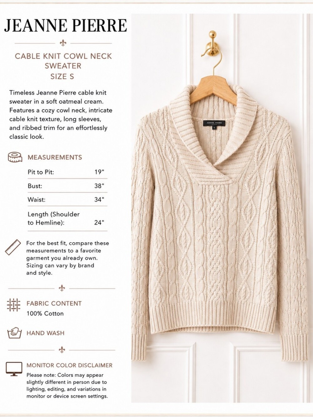 Jeanne Pierre Cream Cable Knit Cowl Neck Sweater Pullover Size S - Picture 7 of 10